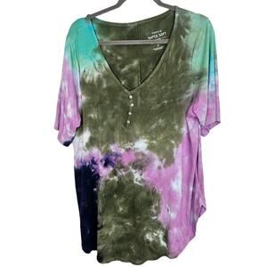 Torrid Top Tunic Top Tie Dye Shirt V Neck Top Women 3X Green Purple Henley Top